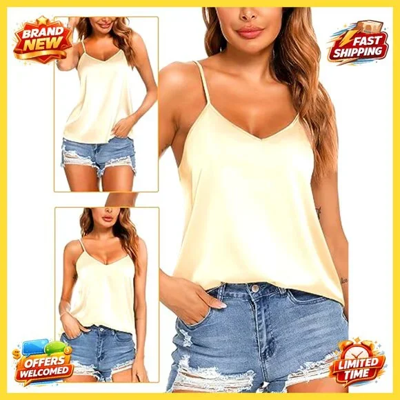 Satin V-Neck Camisole Adjustable Spaghetti Straps Loose Fit Elegant Chic - Picture 3 of 7